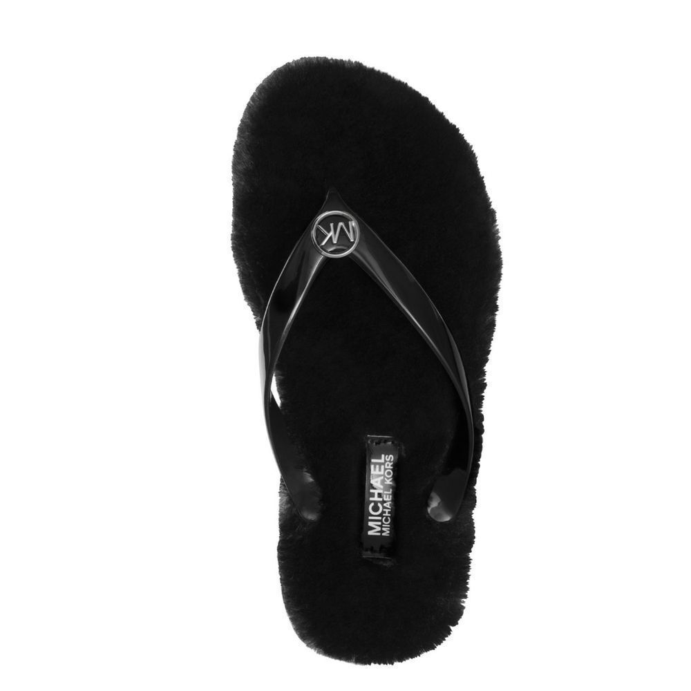 New! MICHAEL KORS Logo Women's Faux Fur Flip Flop Thong Sandals Black